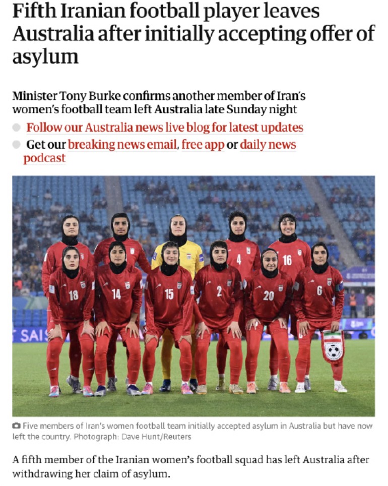 开云-仅剩2人！伊朗女足队长撤回庇护连夜赶回亚洲 外媒：她家人失踪了